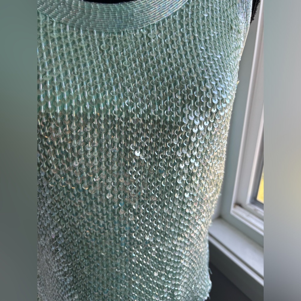 Vintage hand beaded sequin sleeveless blouse Seafoam green blue size medium - Picture 6 of 8